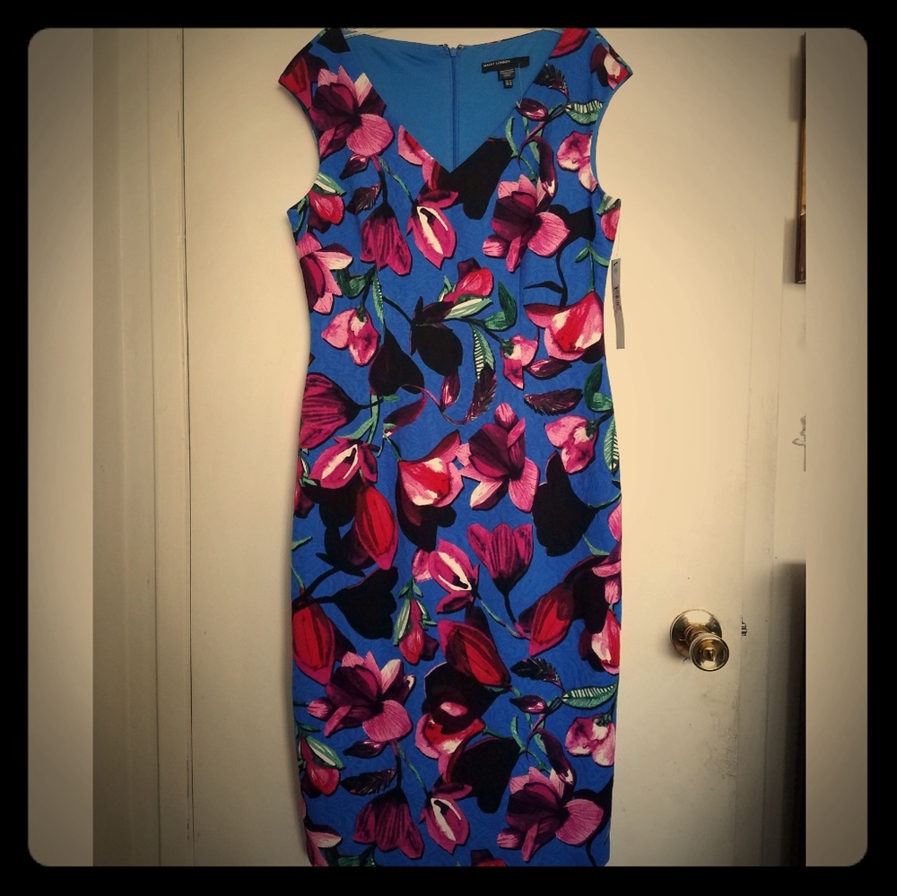 Maggy London Blue Floral Sheath Dress with Pink & Black Accents